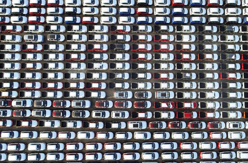 Domestically manufactured cars lined up for export at China’s Port of Lianyungang.